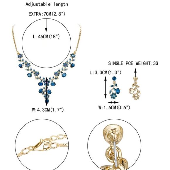 Yellow Gold & Blue Sapphire Austrian Crystal Flower Leaf Necklace & Earrings Set - Picture 6 of 6
